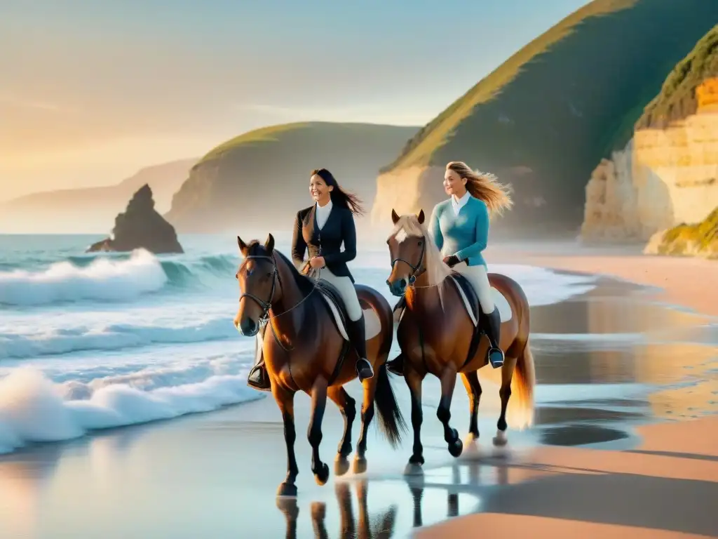 Exploración costera en familia: cabalgata al atardecer Una familia monta majestuosos caballos al atardecer en una ruta ecuestre por la costa, transmitiendo aventura y conexión con la naturaleza