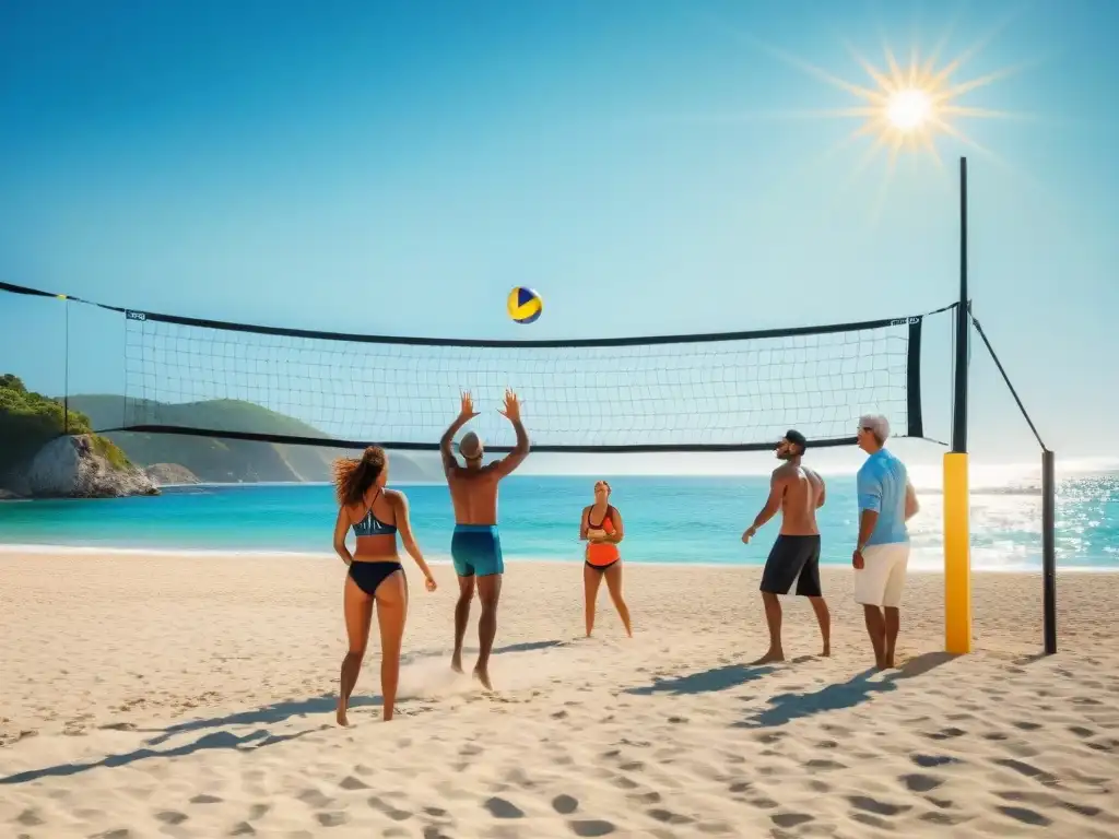 Partida de vóley en familia: diversión playera multigeneracional Una familia multigeneracional disfruta de actividades recreativas en la playa jugando vóley bajo el cálido sol y el mar azul