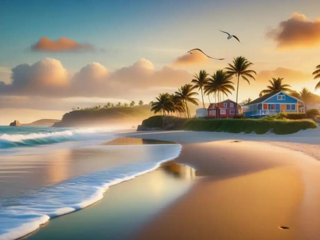 Paisaje costero al atardecer: familia en la playa Familia camina en playa al atardecer, casas coloridas en costa y mar tranquilo reflejando cielo cálido