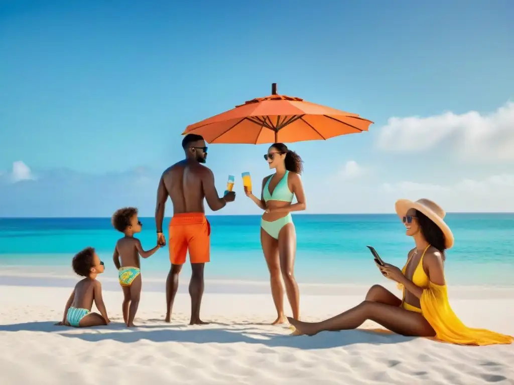 Familia disfruta día de sol en la playa con moda protectora Familia disfrutando del sol en la playa con outfits protección solar playa