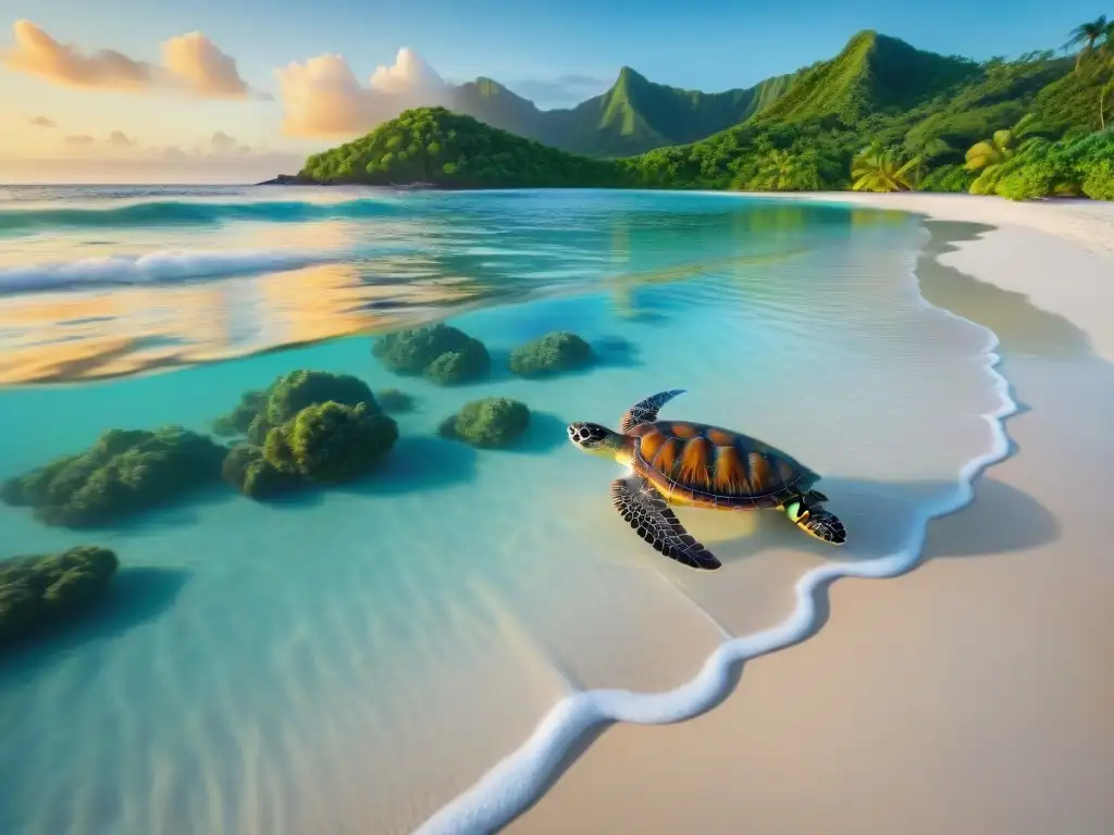 Paraíso marino: Tortugas nadando en arrecife coral al amanecer Familia de tortugas marinas en arrecife colorido al amanecer