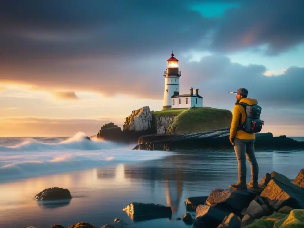 Faros ancestrales: misterio y descubrimiento en la costa Un faro costero histórico iluminando el atardecer, guía luminosa en la costa, testigo de aventuras y descubrimientos