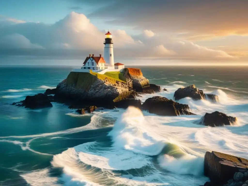 Atardecer épico: Faro histórico en la costa rocosa Un faro costero histórico se alza majestuoso al atardecer, simbolizando guía y resistencia ante los cambios del mar
