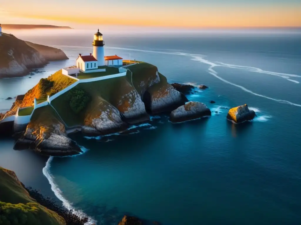 Espléndido faro costero al atardecer Un faro costero histórico se yergue majestuoso ante un atardecer vibrante, irradiando guía y seguridad marítima