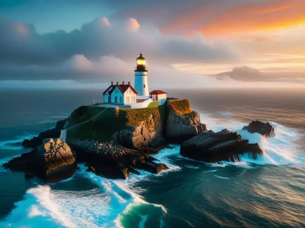 Espectacular faro costero iluminando el océano al atardecer Un faro costero histórico iluminando el océano al atardecer con su guía luminosa