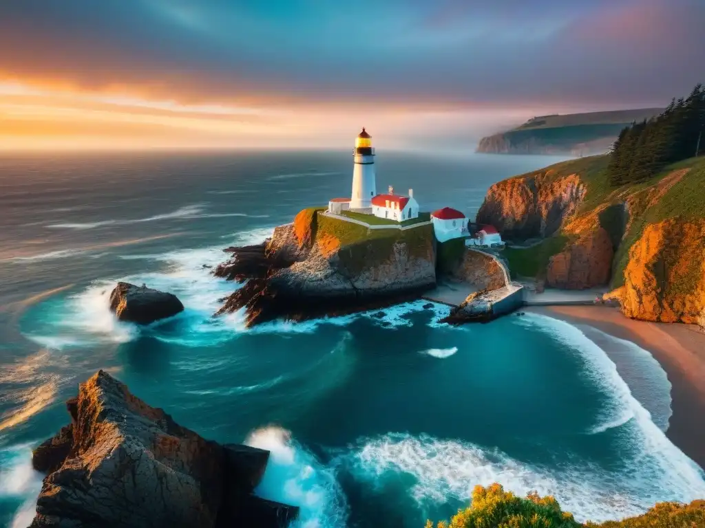 Farol costero: vigía de luz en atardecer dramático Un faro histórico en la costa, testigo de historias, guía luminosa en el atardecer dramático