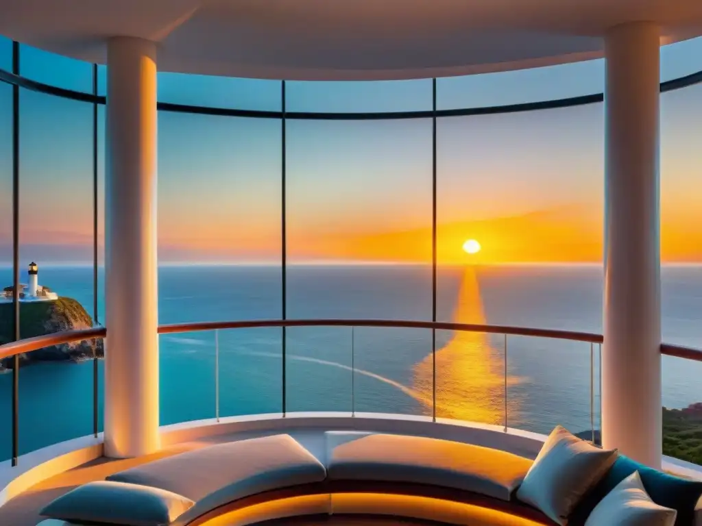 Espléndido atardecer desde lujoso faro convertido Vivir en faro residencia lujo: Atardecer dorado desde lujoso faro con vista al mar tranquilo