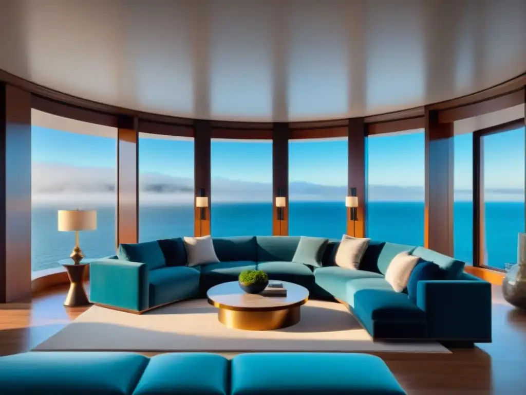 Interior lujoso de faro residencial con vista al mar Vivir en faro residencia lujo: Interior lujoso con vista al mar, muebles modernos elegantes y decoración náutica