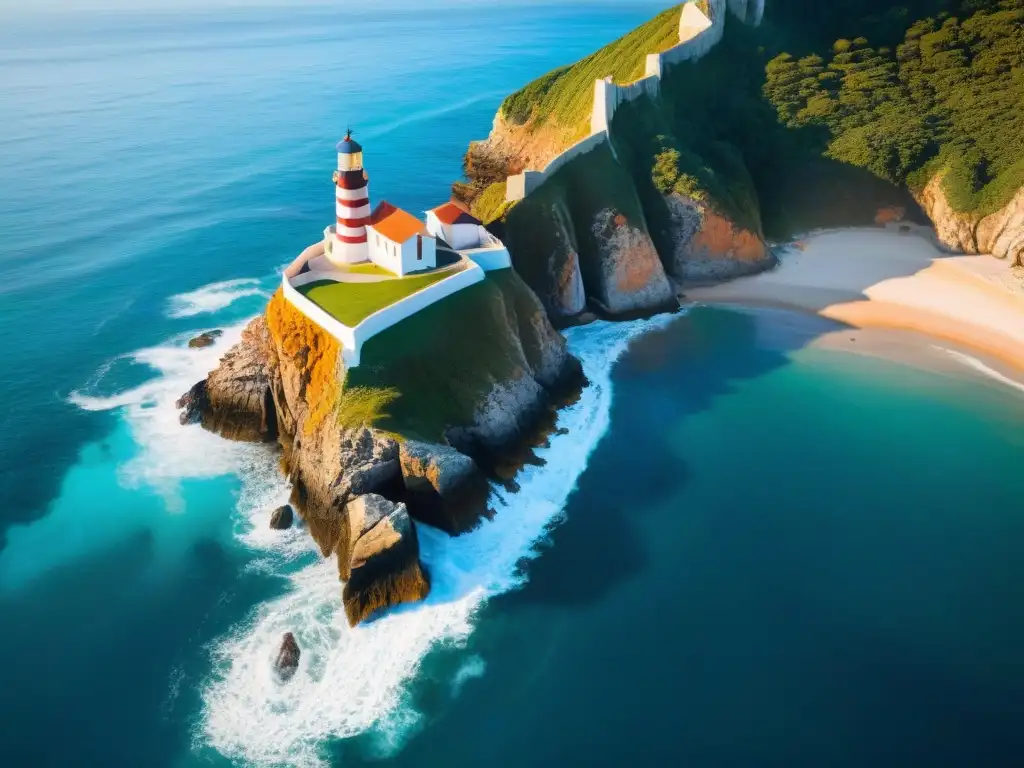 Farol centenario: atardecer en el acantilado Vivir en faro residencia lujo: Luminoso faro histórico en acantilado, bañado por sol poniente sobre océano brillante