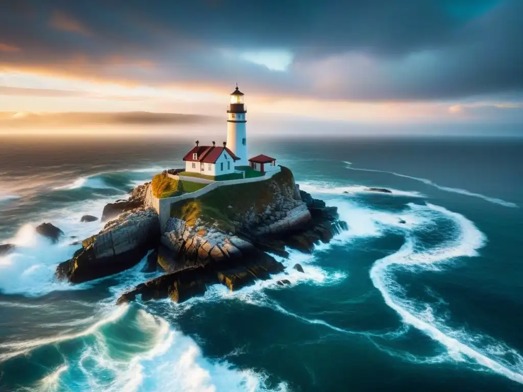 Espléndido faro en acantilado con vista aérea al atardecer Vivir en faro residencia lujo: Majestuoso faro en acantilado rocoso, iluminado al atardecer, con modernas residencias junto al mar