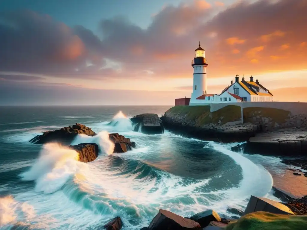 Farol majestuoso en atardecer vibrante Un faro majestuoso destaca en un atardecer vibrante en la costa rocosa, con olas impactantes