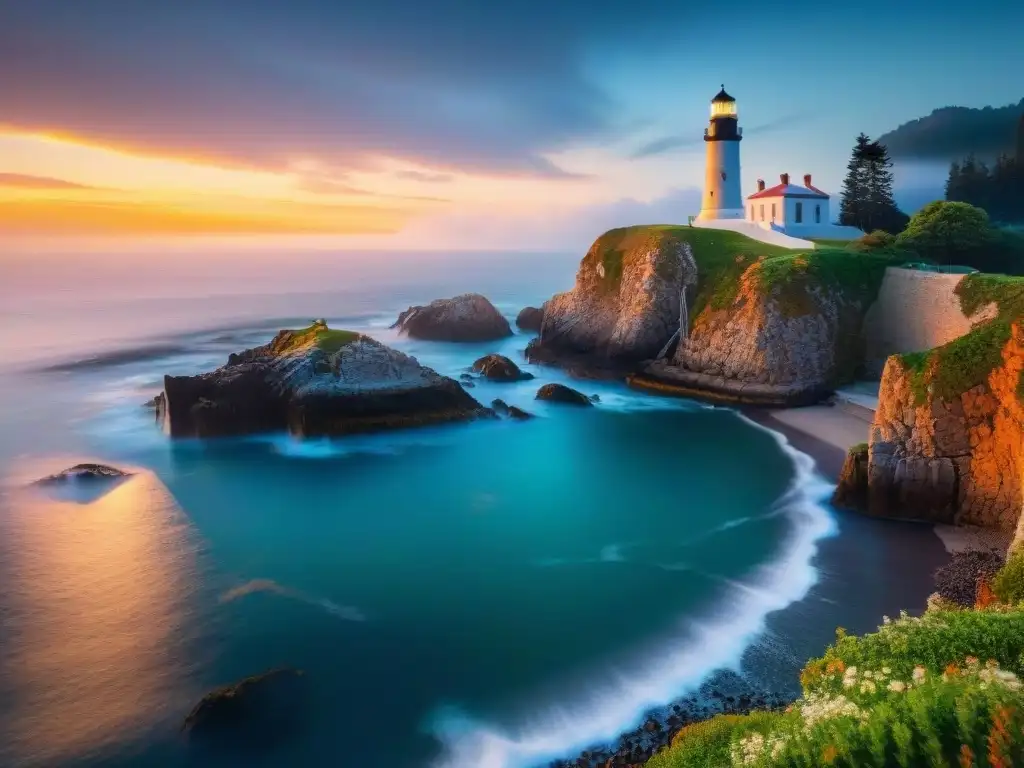 Farol majestuoso iluminando atardecer vibrante Un faro como residencia vacacional exclusiva, iluminado por el atardecer vibrante y rodeado de naturaleza serena