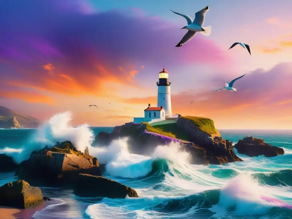 Farol guía en el océano: fuerza y aventura marina Un faro resistente y desgastado se alza contra las olas del mar en un atardecer colorido