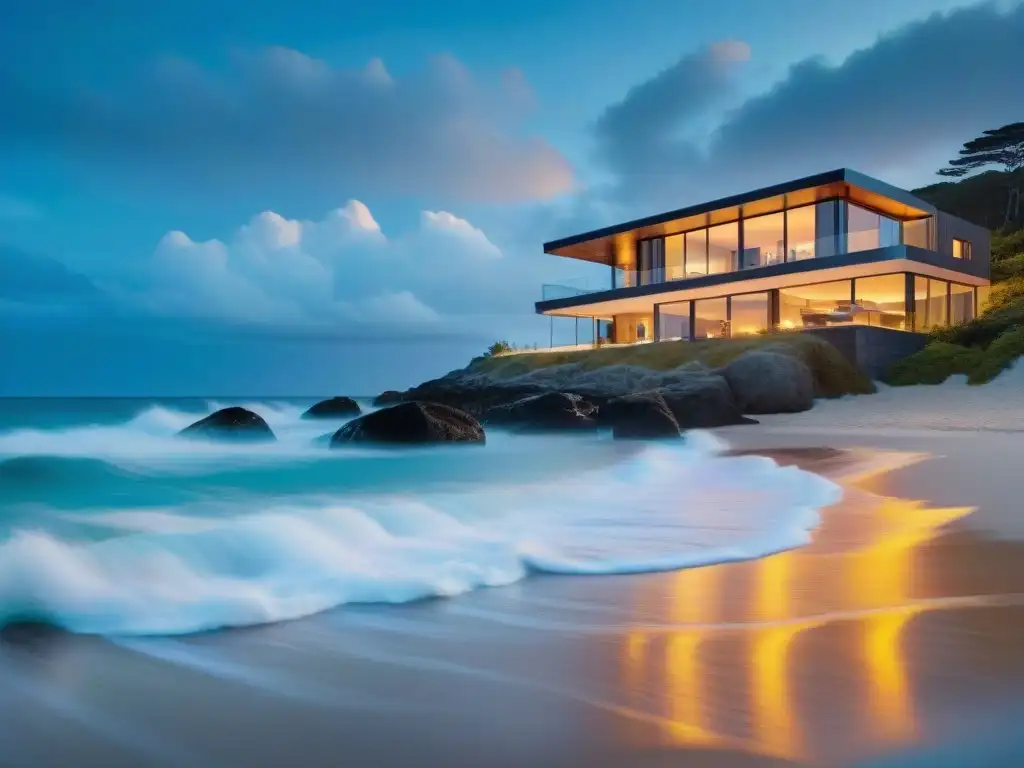 Residencia costera: luces inteligentes iluminan diseño contemporáneo al atardecer Fascinante propiedad costera con iluminación inteligente a la caída del sol