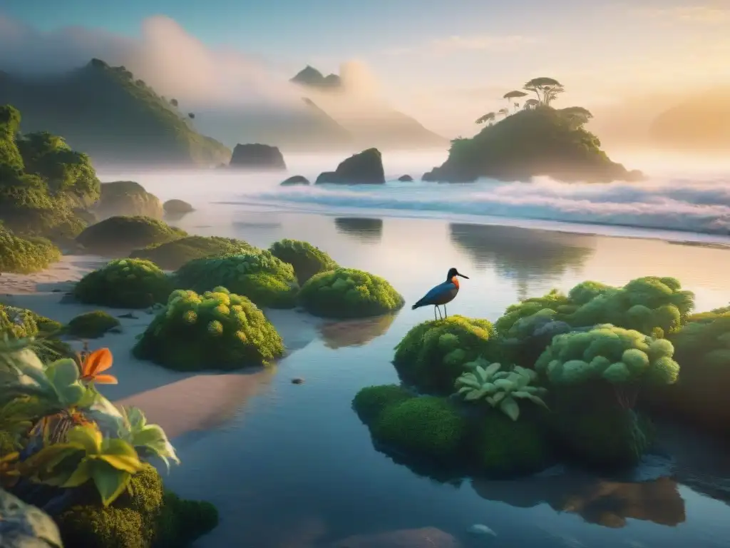 Espléndido ecosistema costero al amanecer con fauna vibrante Fotografiar fauna en propiedades costeras al amanecer, con aves coloridas y paisaje marino exuberante
