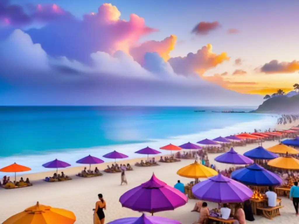 Festival playero al atardecer: diversión y color en la costa Una festiva playa costera al atardecer con sombrillas coloridas, personas de diversas edades y palmeras al viento