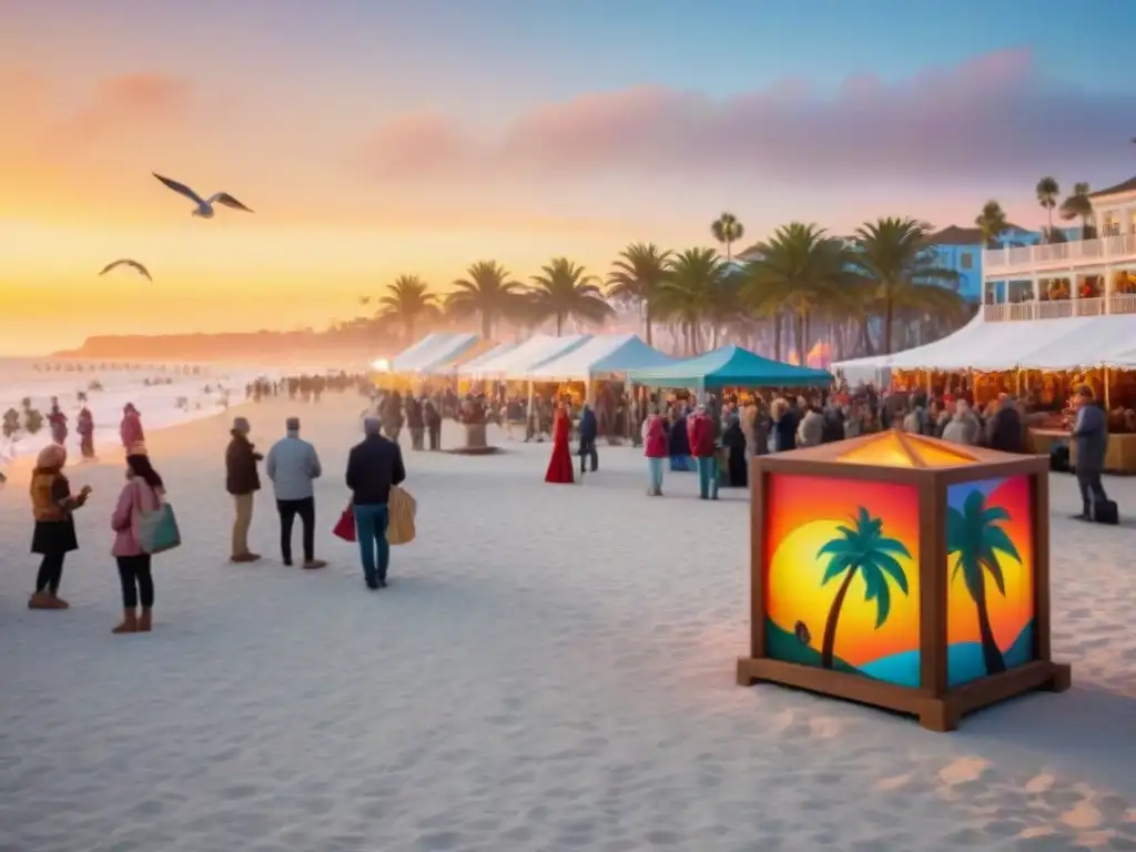 Festival de arte costero al atardecer: diversidad y creatividad en la playa Festival de arte costero: vida marina en vibrante evento al atardecer con esculturas y pinturas coloridas en la playa