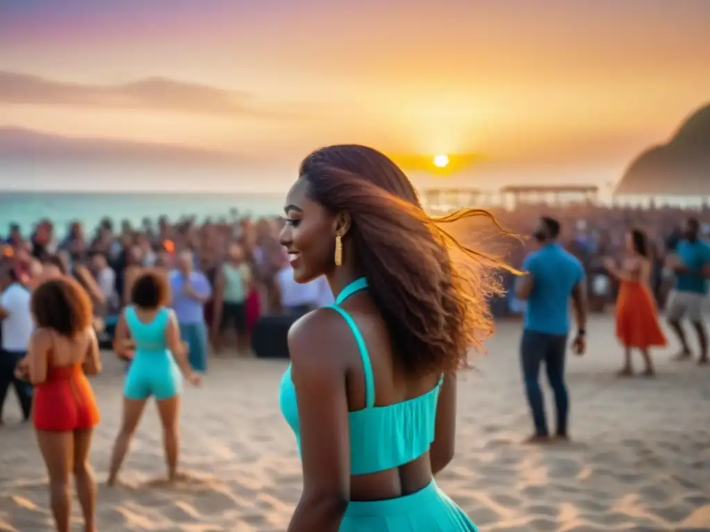Concierto en la playa: comunidad y alegría al atardecer Festival de música en la costa con variedad de asistentes bailando y disfrutando de la música en una vibrante puesta de sol