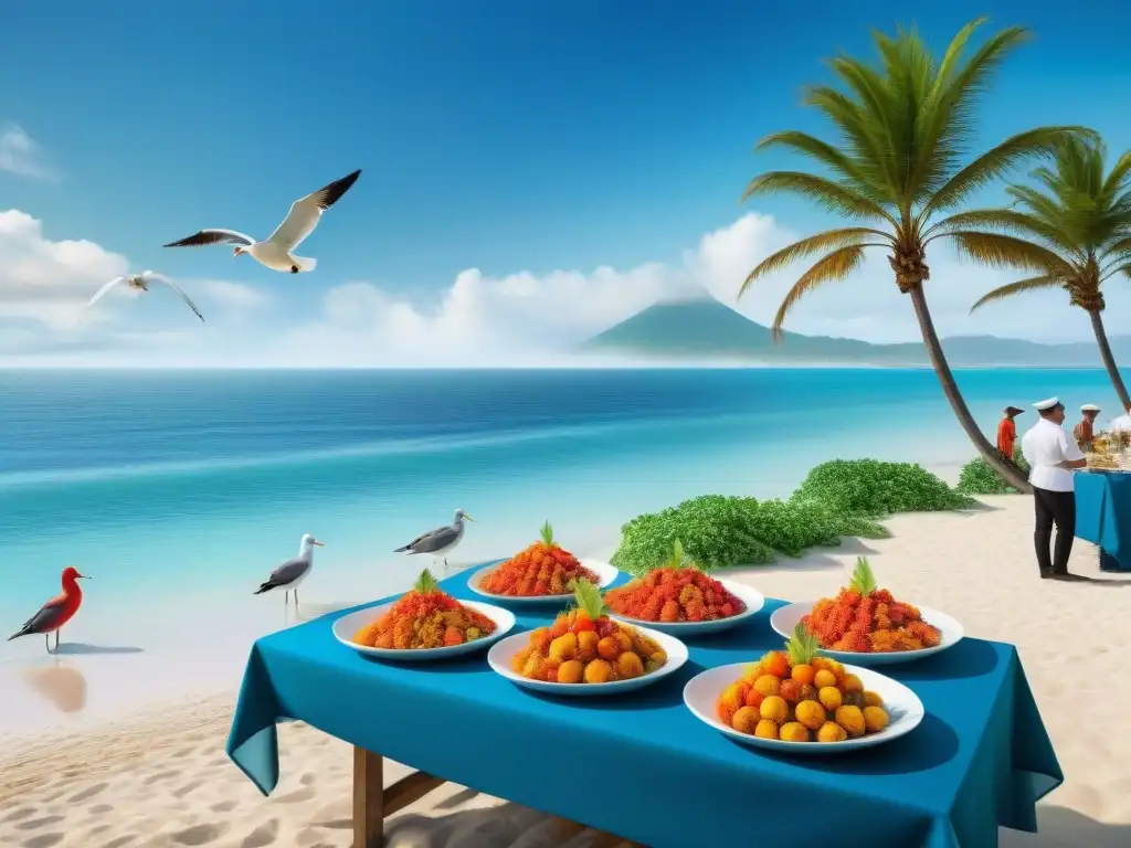 Escena vibrante de festival gastronómico en la costa Un festival costero bullicioso con chefs expertos mostrando sus habilidades culinarias en puestos a lo largo de la playa de arena