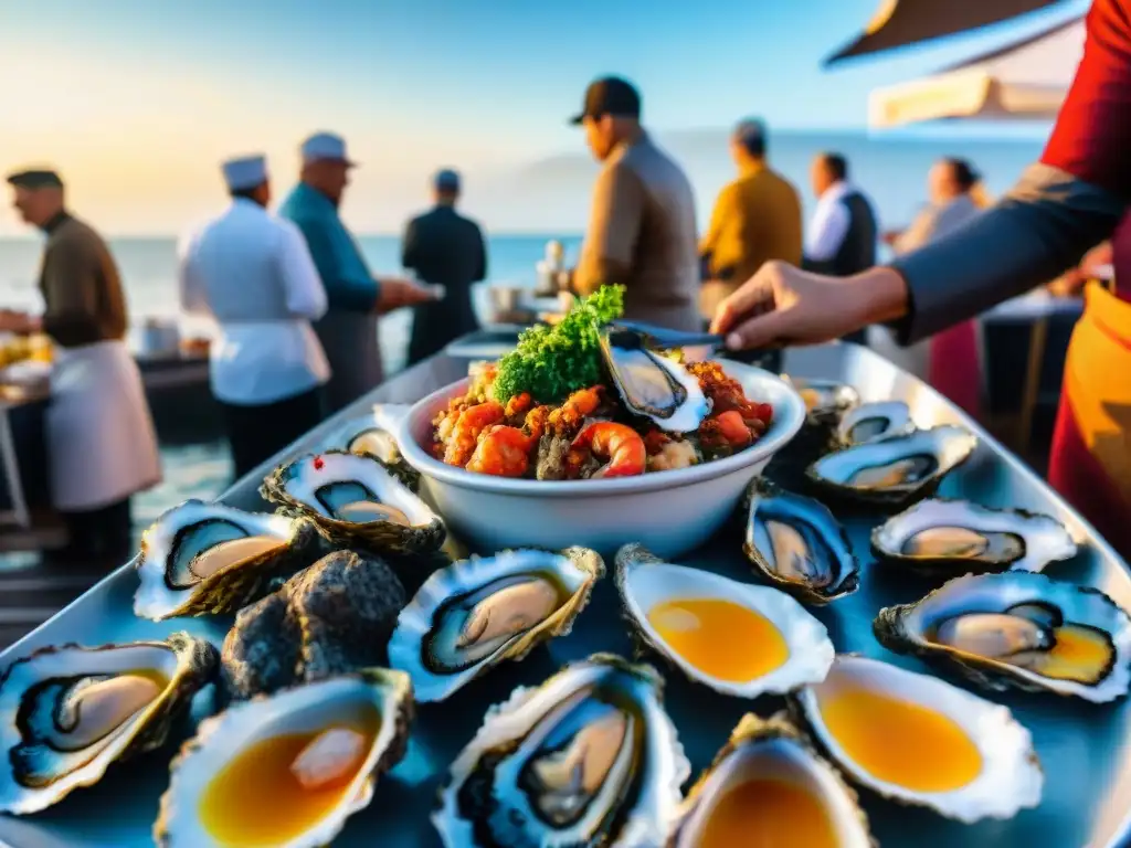 Festival gastronómico costero: chefs preparando mariscos al atardecer Un festival gastronómico costero imperdible: chefs preparando platillos, visitantes probando mariscos frescos y el sol poniéndose sobre el mar