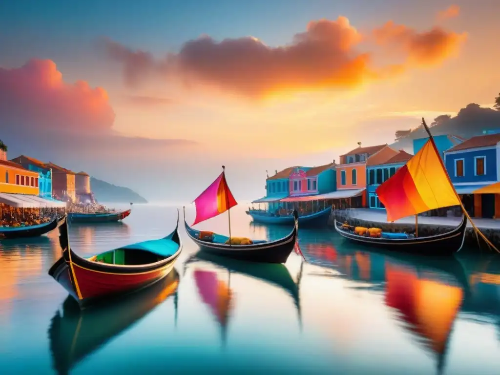Festival náutico al atardecer: barcos decorados en tradición costera Un festival náutico tradicional costero en un atardecer encantador