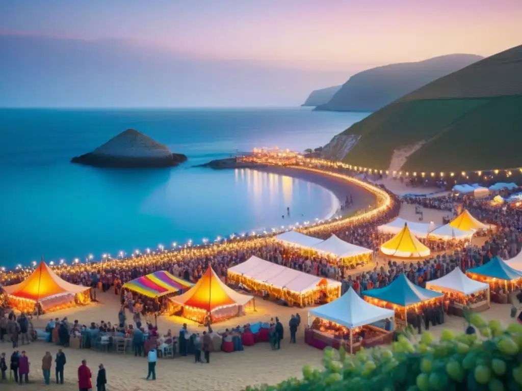 Festival costero al atardecer: viñedos, playa y magia nocturna Festival de vino en costa al atardecer, con viñedos, playa, hogueras y ambiente festivo