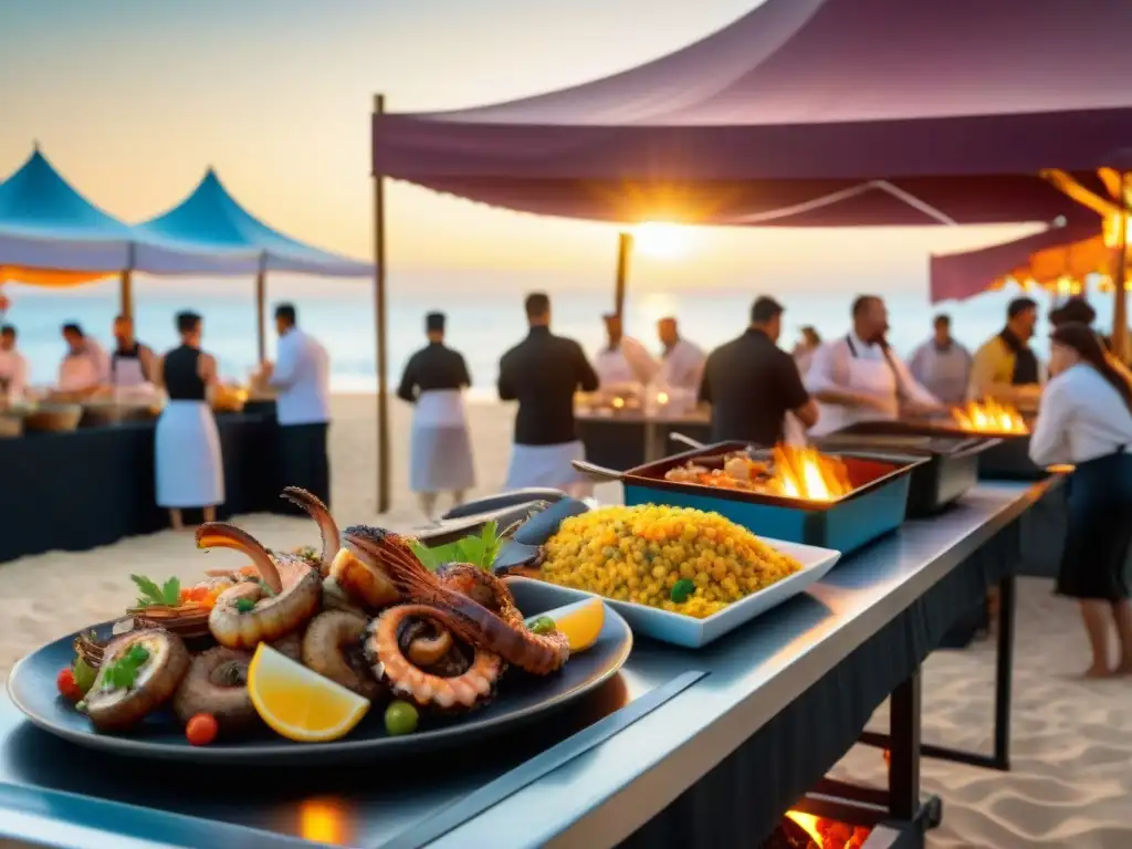 Festival gastronómico costero al atardecer: sabores, música y alegría Festivales gastronómicos costeros internacionales: Animado festival con comida fresca y música en la playa al atardecer