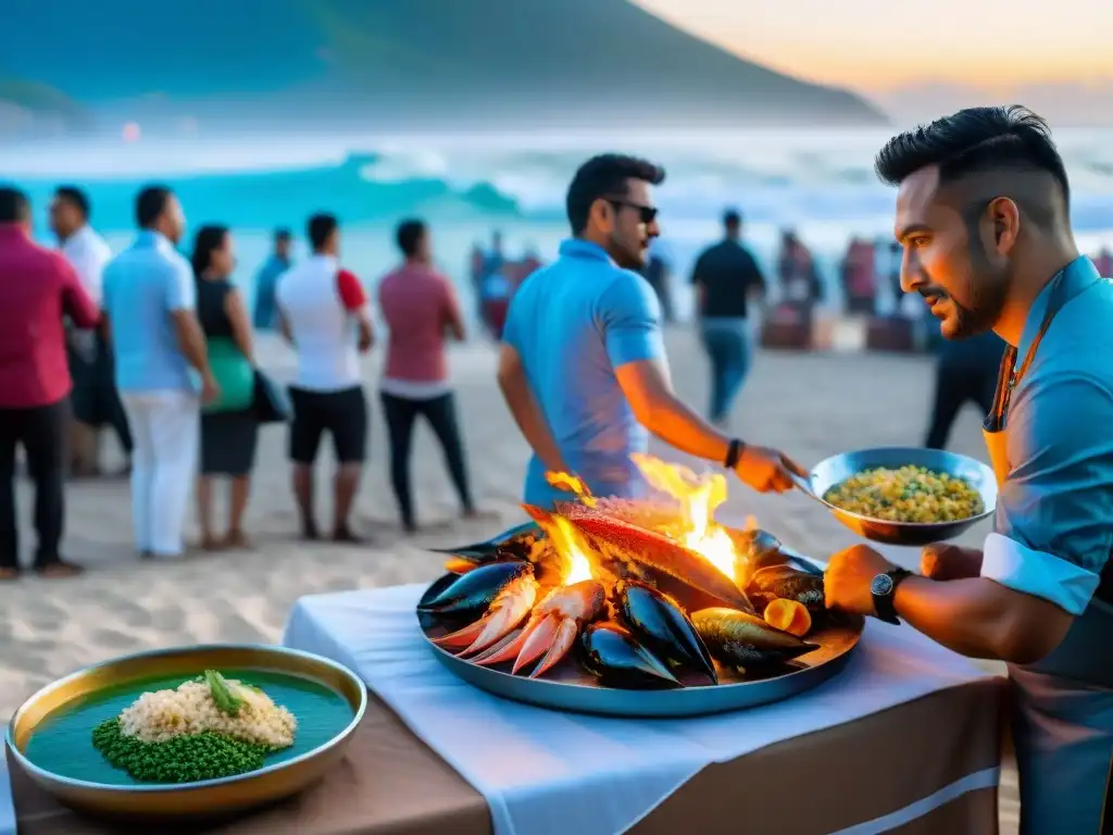 Colorido festival gastronómico en la costa de América Latina Festivales gastronómicos costeros internacionales: Coloridas casetas de comida en festival en la playa