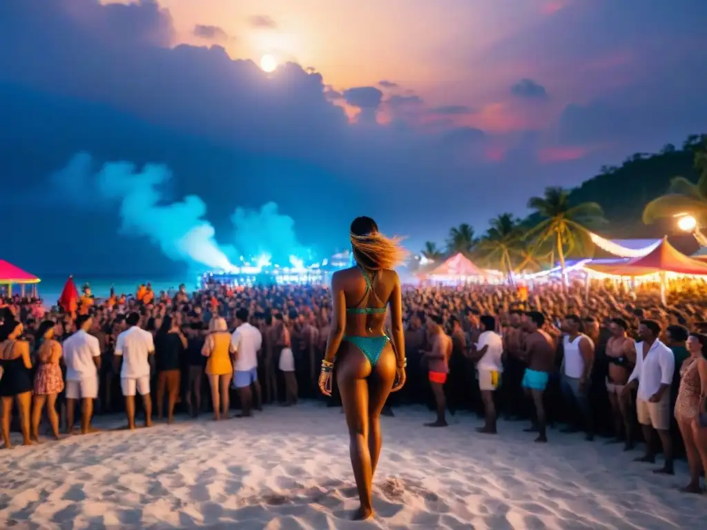Full Moon Party en Koh Phangan: Baile bajo la luna Fiesta luna llena en la mejor playa de Koh Phangan, Tailandia, con multitud bailando bajo neones y malabaristas de fuego