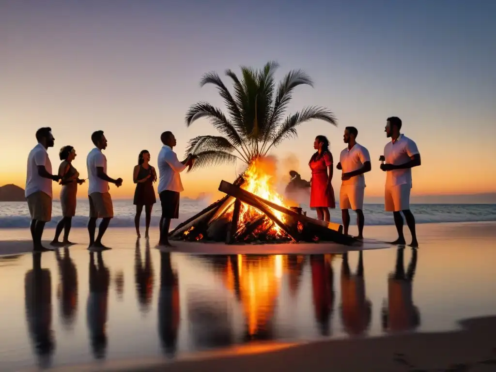 Bonfire de San Juan: comunidad y tradición en la playa al atardecer Fiesta de San Juan tradiciones: Hoguera en la playa al atardecer, gente bailando y saltando sobre el fuego en celebración comunitaria
