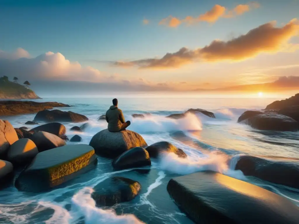 Meditación al atardecer: paz y armonía en la costa Figura meditando en la costa al atardecer, se refleja en el agua dorada