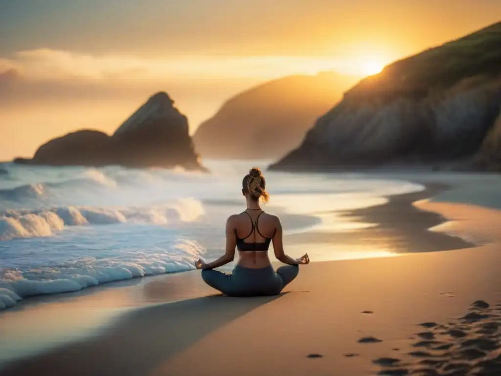 Puesta de sol dorada en la costa: conexión espiritual y serenidad Figura solitaria practicando yoga al atardecer en la costa, reflejando los beneficios de bienestar espiritual y energía de la naturaleza