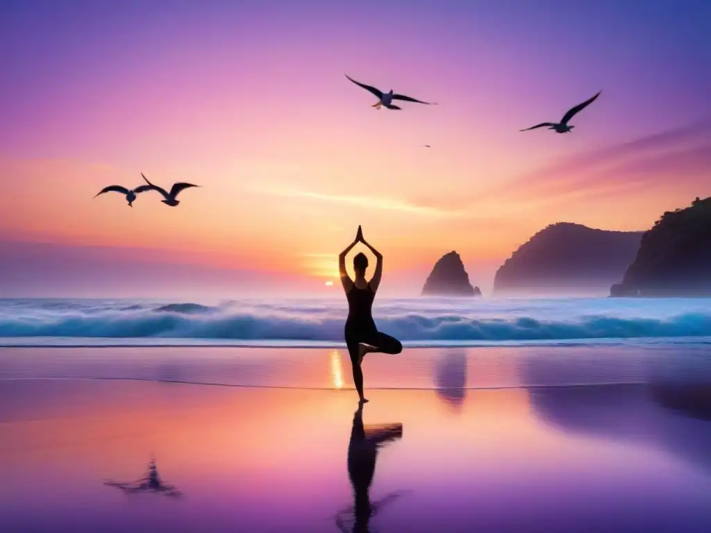 Amanecer sereno en la playa: yoga, calma y armonía Figura solitaria practicando yoga en una playa costera al amanecer, rodeada de gaviotas