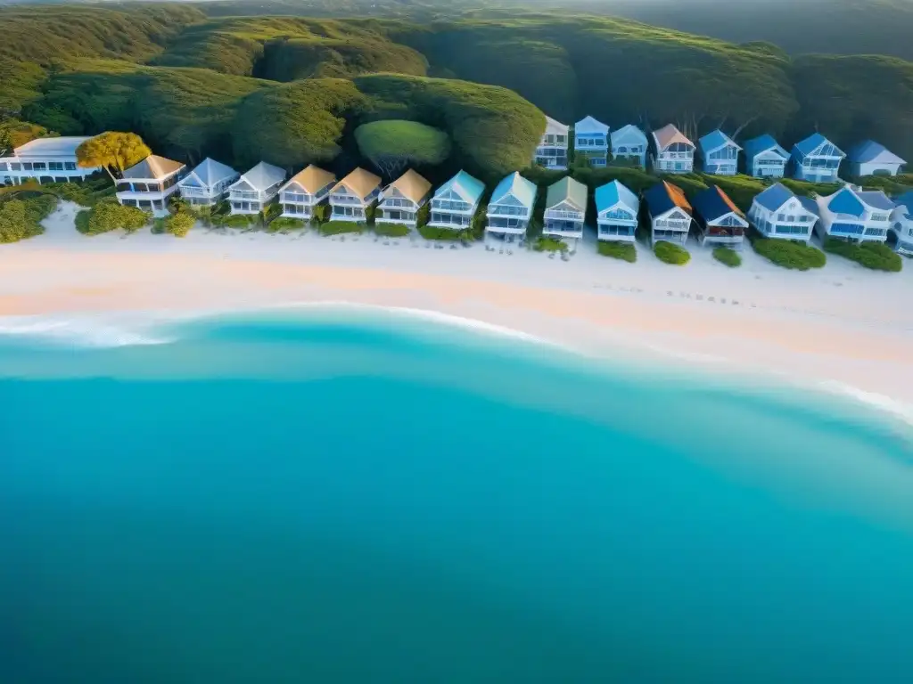 Inversiones en paraíso costero: propiedades de lujo en playa paradisíaca Una fila de lujosas propiedades frente al mar se alinean en una costa arenosa, con aguas turquesas y sol dorado, ideal para inversión y relax