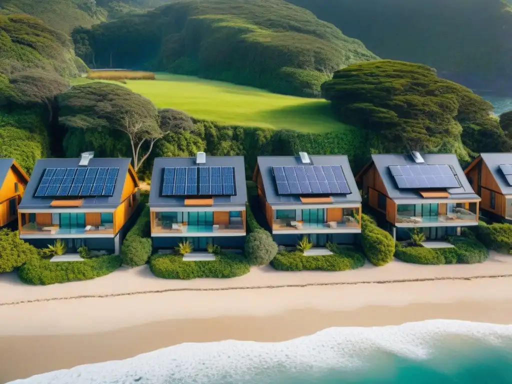 Arquitectura sostenible en la costa: Innovación ecoamigable Una fila de viviendas ecológicas junto al mar, con paneles solares y vistas panorámicas, en armonía con el entorno costero