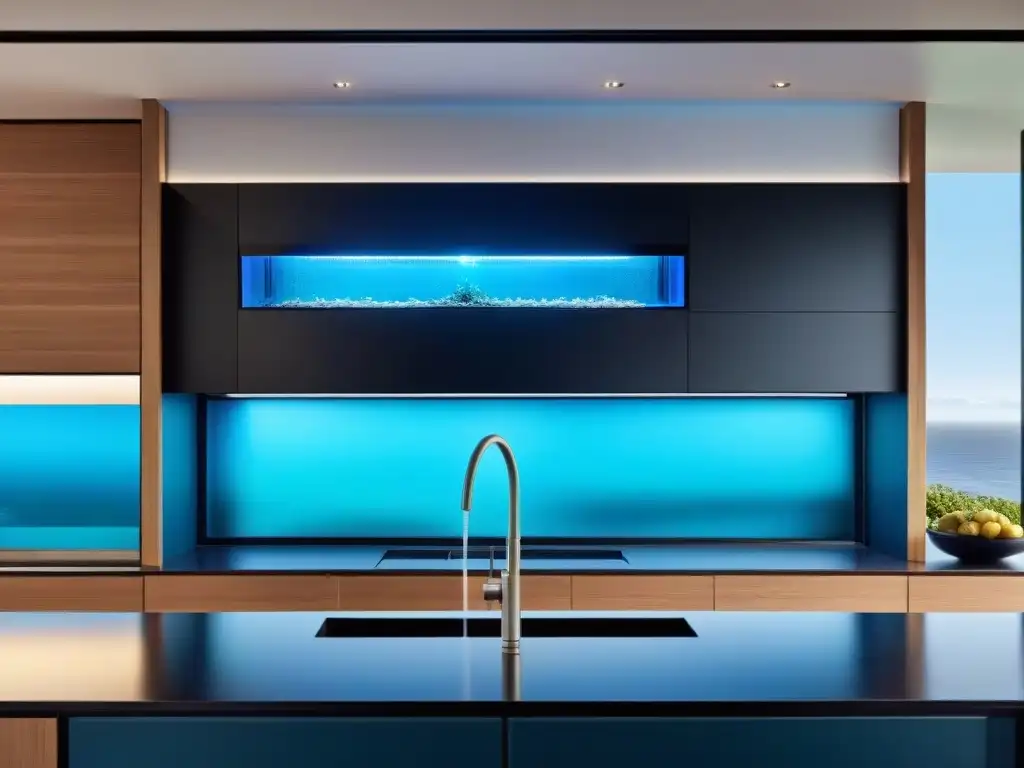 Vivienda costera moderna con sistema de filtración inteligente integrado en la cocina Filtración de agua para hogares costeros: Casa moderna con sistema de filtración integrado en la cocina, diseño elegante y tecnología avanzada