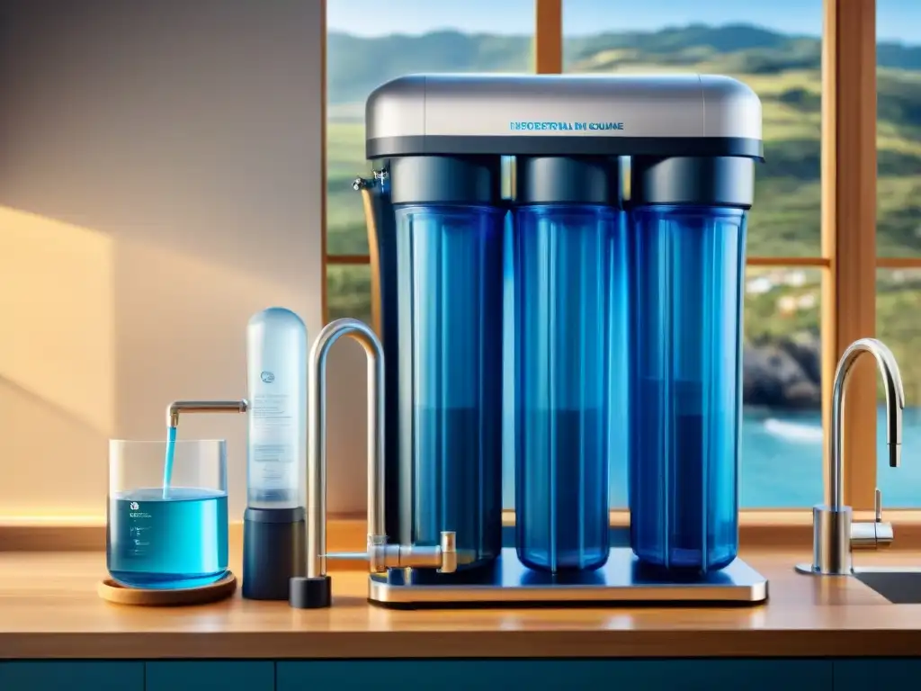 Proceso avanzado de filtración de agua en casa costera Filtración de agua para hogares costeros: Imagen de sistemas avanzados trabajando juntos en un hogar costero moderno y elegante