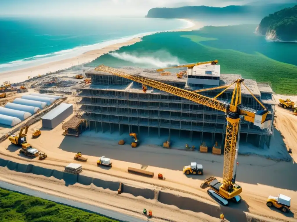 Construcción de resort de lujo en la costa: maquinaria moderna en acción Financiamiento para propiedades costeras: Obra de construcción de lujoso complejo turístico frente al mar con maquinaria moderna y trabajadores