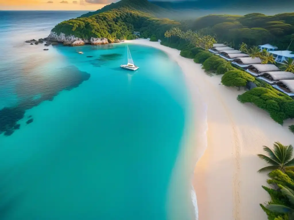 Paraíso costero: propiedad de lujo con vista aérea Financiamiento para propiedades costeras: Residencia de lujo en la playa con aguas turquesas y atardecer dorado