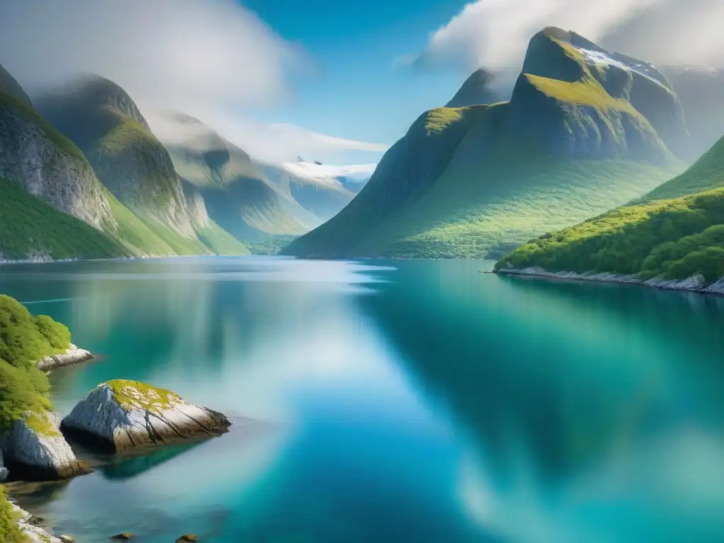 Majestuoso fiordo costero: aguas turquesas y montañas nevadas Un fiordo costero único y peligroso, con aguas turquesa cristalinas y montañas nevadas