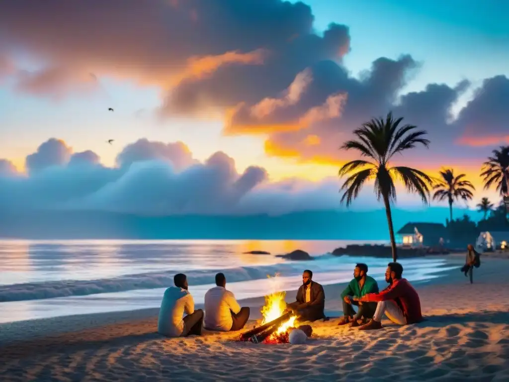 Reunión alrededor de fogata en la playa al atardecer, compartiendo historias y marshmallows
