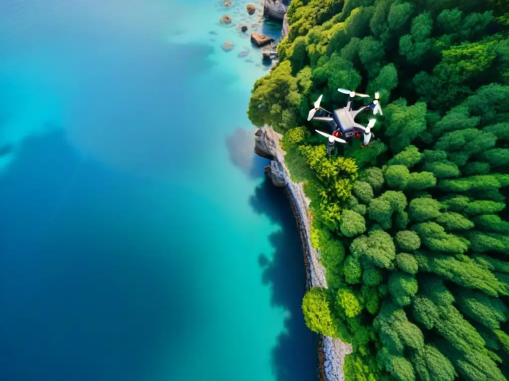Fotógrafo profesional preparando dron para capturar propiedades costeras Fotógrafo aéreo ajustando cámara en dron sobre propiedades costeras