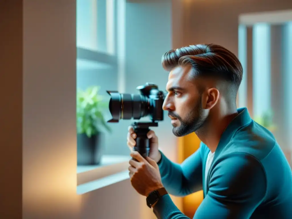 Experto ajustando cámara para foto luminosa de interiores Fotógrafo ajustando cámara para capturar interiores luminosos