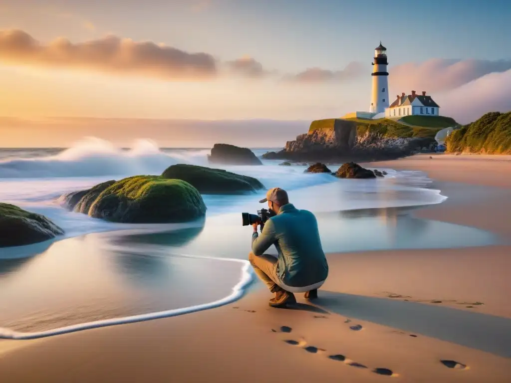 Experto en acción: ajustes de cámara en la costa al atardecer Un fotógrafo ajusta su cámara en la playa al atardecer, rodeado de equipo fotográfico