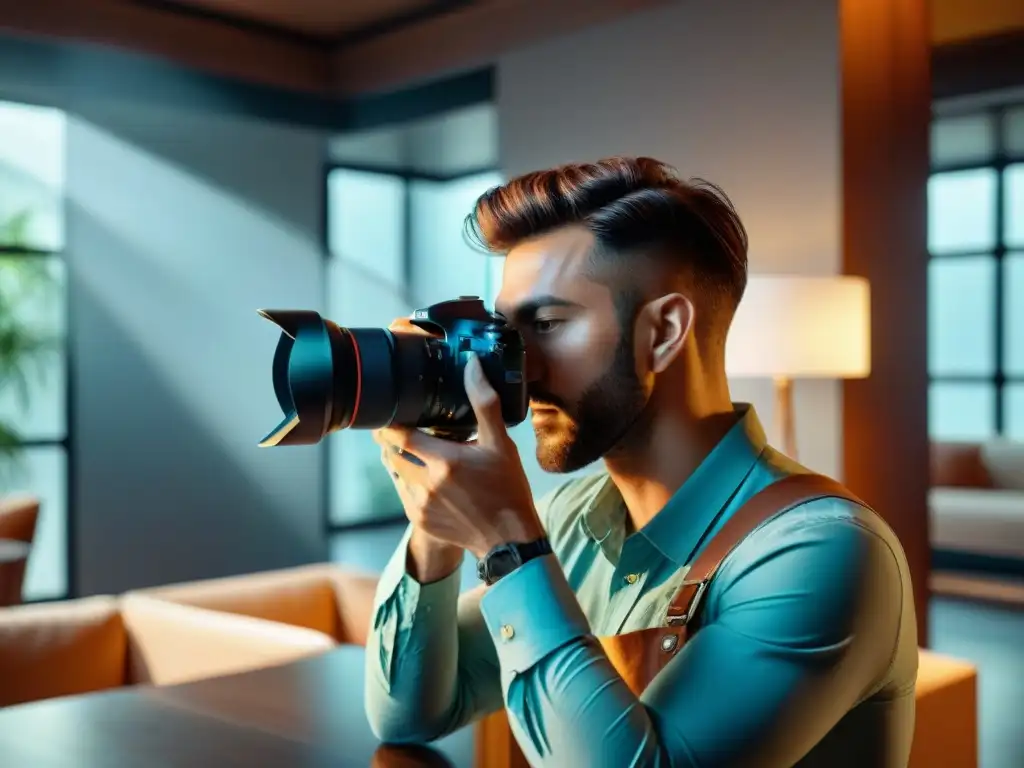 Experto fotógrafo ajusta exposición en interior luminoso Un fotógrafo ajusta detalladamente la exposición en una cámara de alta gama para capturar la luminosidad de un interior soleado