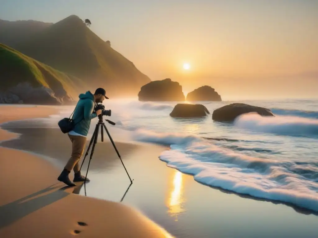 Fotógrafo ajustando filtros al amanecer en la costa Fotógrafo ajustando filtros en cámara frente a tranquila playa al amanecer