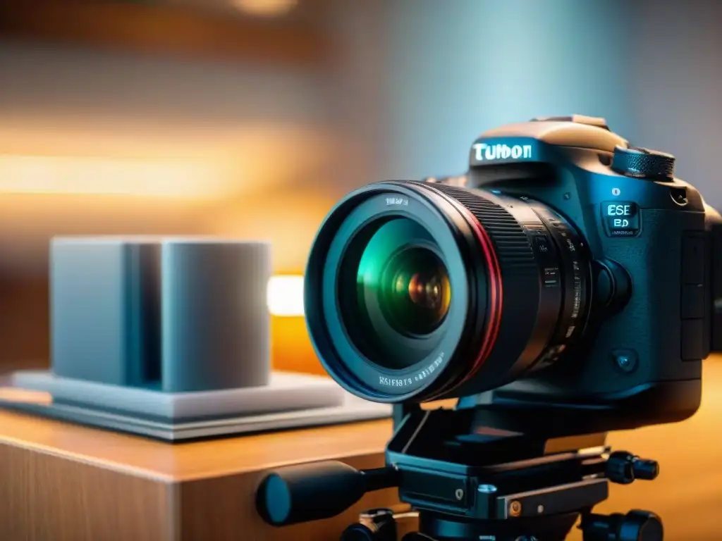 Experto fotógrafo ajustando con precisión una cámara DSLR de alta gama Un fotógrafo profesional ajusta con precisión su cámara DSLR rodeado de equipo fotográfico