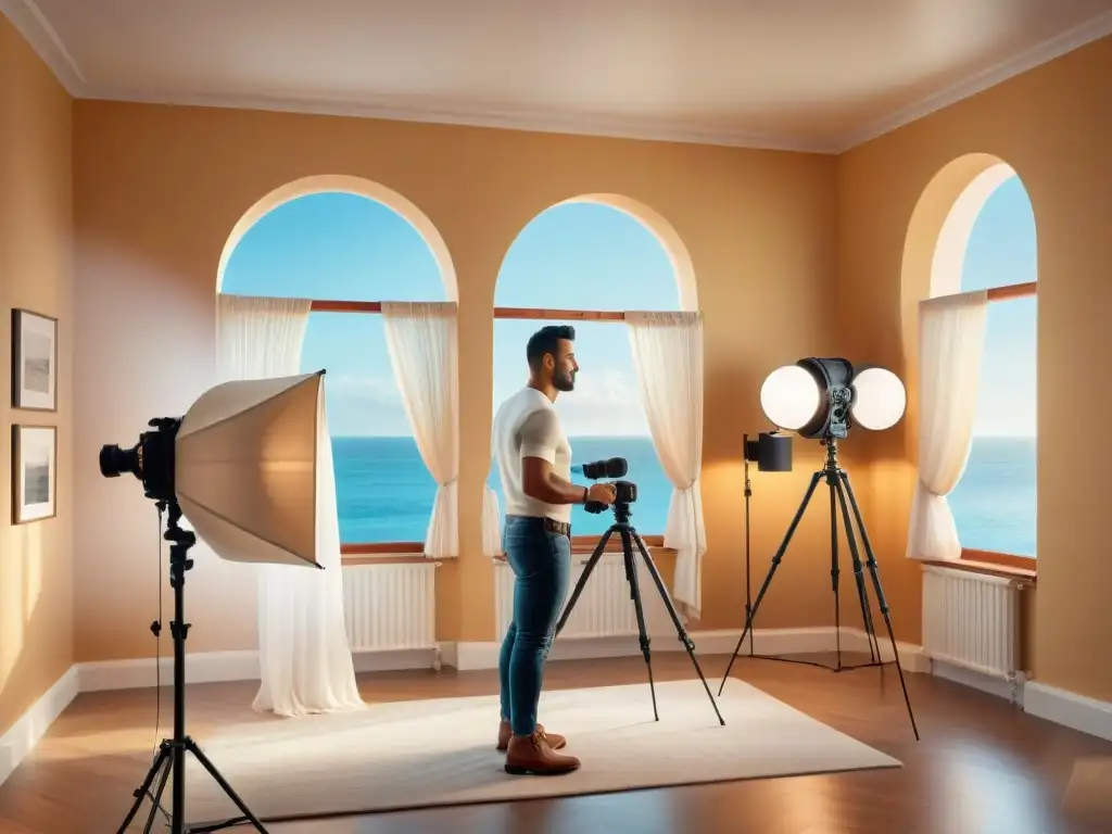 Fotógrafo profesional ajustando luces en interior costero Fotógrafo ajustando sofisticada iluminación en interior costero con soluciones creativas