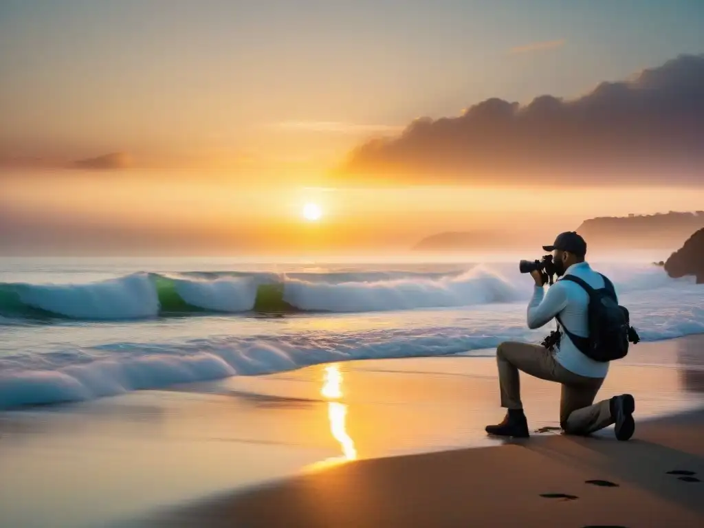 Fotógrafo experto capturando el amanecer costero con filtros Un fotógrafo solitario ajusta su cámara con filtros, capturando la belleza de aplicar filtros en fotografía costera durante el amanecer