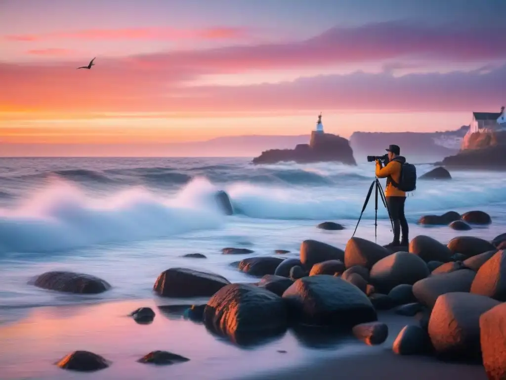 Escena costera al atardecer: fotógrafo capturando la magia del océano Un fotógrafo solitario captura una impresionante composición en fotografía costera al atardecer